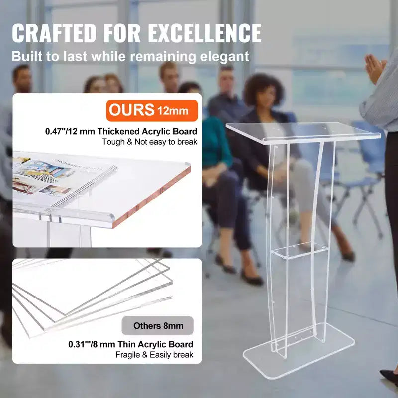VEVOR Acrylic Podium, 47 Clear Acrylic Podium Stand with Wide Reading Surface & Storage Shelf, Floor-standing Clear Pulpits Acrylic, Clear