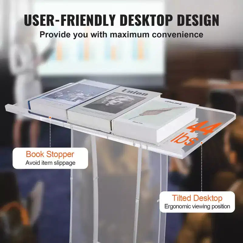 VEVOR Acrylic Podium, 47 Clear Acrylic Podium Stand with Wide Reading Surface & Storage Shelf, Floor-standing Clear Pulpits Acrylic, Clear