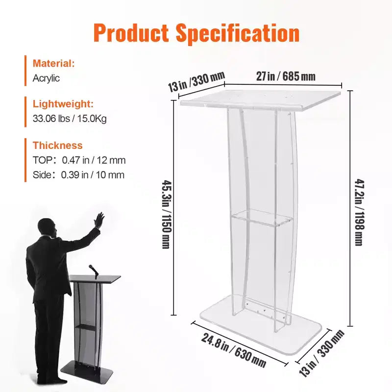 VEVOR Acrylic Podium, 47 Clear Acrylic Podium Stand with Wide Reading Surface & Storage Shelf, Floor-standing Clear Pulpits Acrylic, Clear