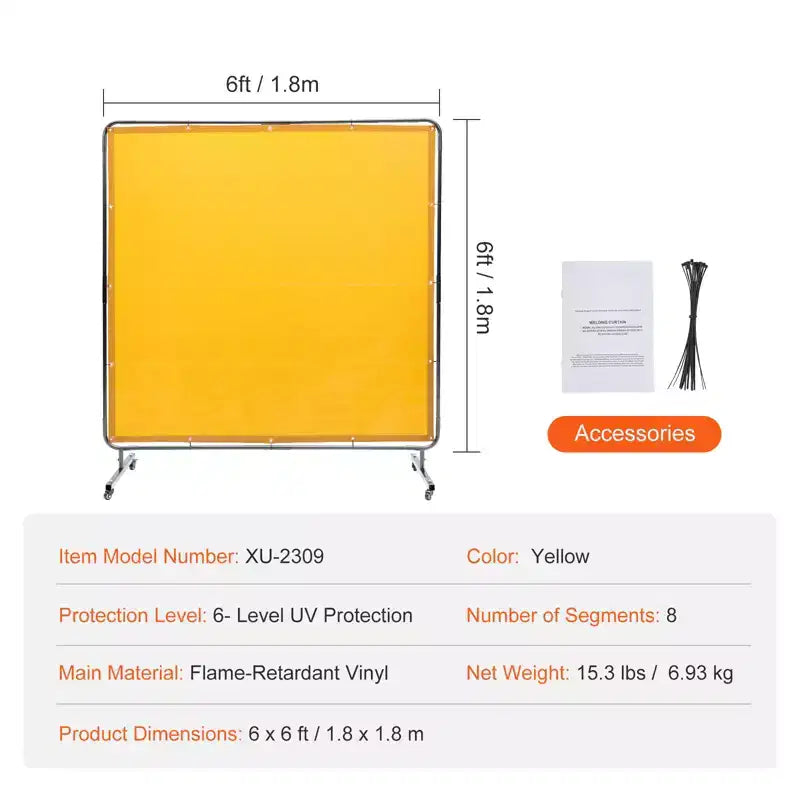 VEVOR Welding Screen with Frame, 6' x 6' Welding Curtain Screen, Flame-Resistant Vinyl Welding Protection Screen on 4 Swivel Wheel, Yellow