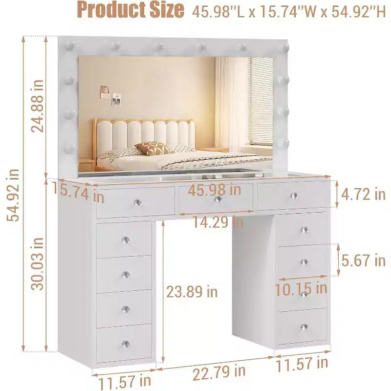 Coiffeuse avec Miroir, Lumières LED et Prise Électrique, Table de Maquillage avec 11 Tiroirs pour Chambre à Coucher, Dressing (Blanc)