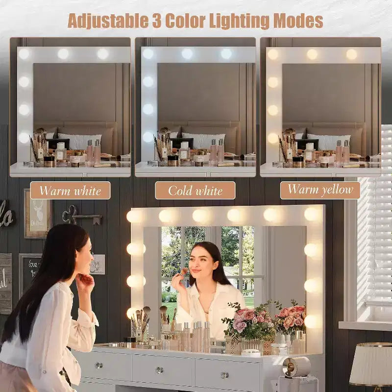 Coiffeuse avec Miroir, Lumières LED et Prise Électrique, Table de Maquillage avec 11 Tiroirs pour Chambre à Coucher, Dressing (Blanc)