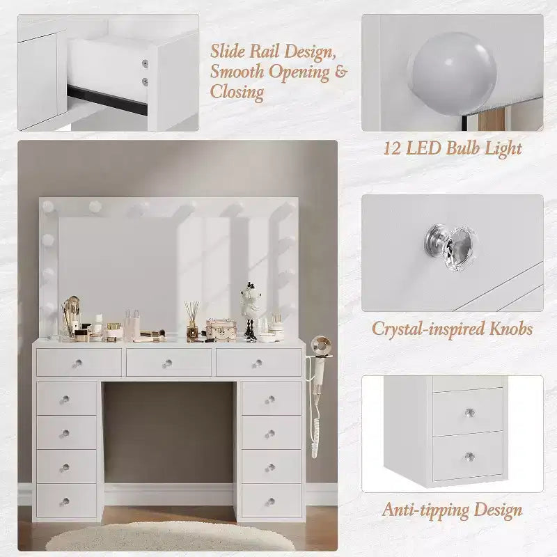 Coiffeuse avec Miroir, Lumières LED et Prise Électrique, Table de Maquillage avec 11 Tiroirs pour Chambre à Coucher, Dressing (Blanc)