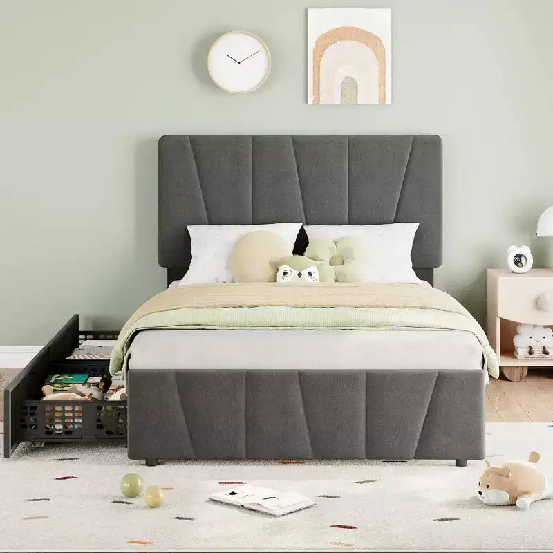 Twin Size Bed Frame with Adjustable Headboard and 2 Storage Drawers, Soft Upholstered Bed Frame with Wooden Slats Support,Dark Grey
