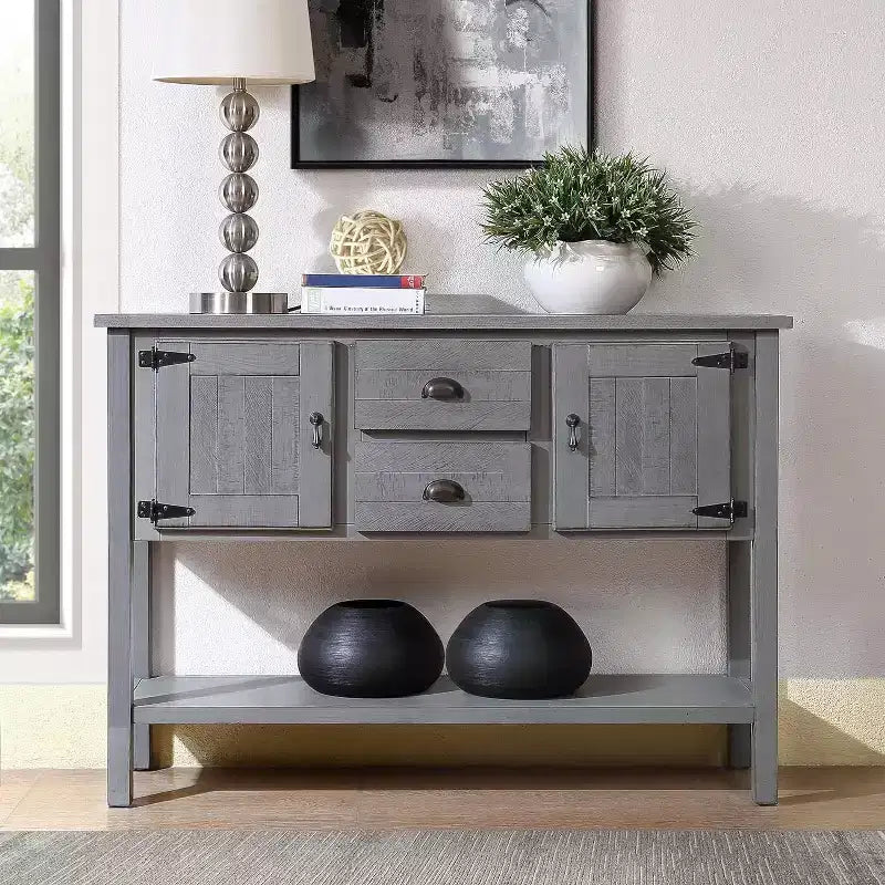 Farmhouse Console Table with Storage, Farmhouse Entry Table with 2 Drawers and Cabinets, Solid Wood Sofa Table with Shelves