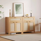 Modern Rattan Sideboard Buffet Storage Cabinet with Doors, Boho Narrow Accent Credenza Cabinet with Storage Coffee Bar Console Table