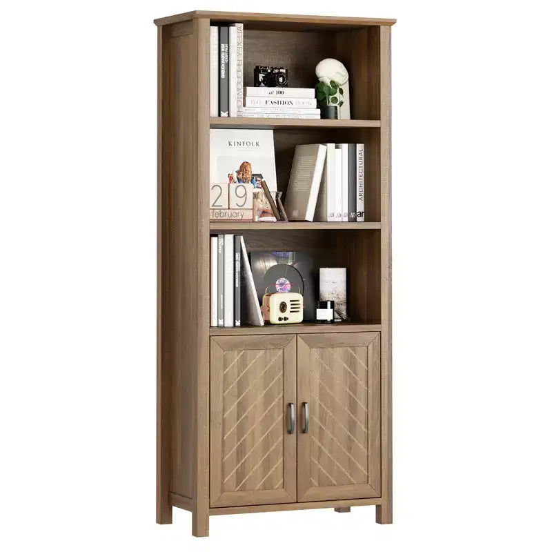 3-Tier Bookshelf, 70'' Tall Bookcase with Doors, Farmhouse Storage Cabinet with Adjustable Shelf and Stable Leg, Floor Standing Display Bookshelves