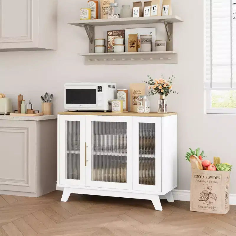 36 Modern Coffee Bar Cabinet - Buffet Sideboard with Fluted Glass Doors & Adjustable Shelves