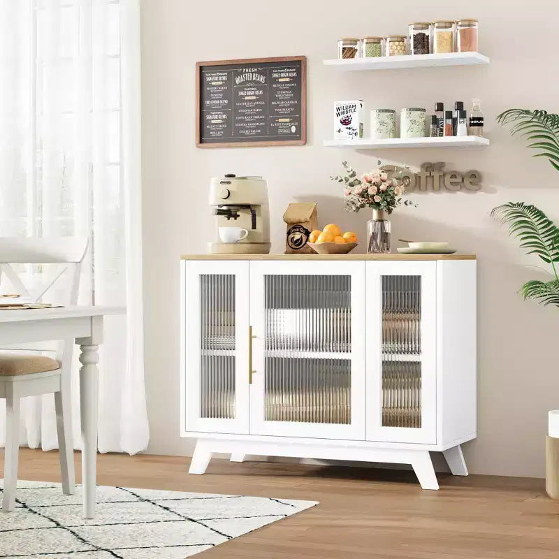 36 Modern Coffee Bar Cabinet - Buffet Sideboard with Fluted Glass Doors & Adjustable Shelves