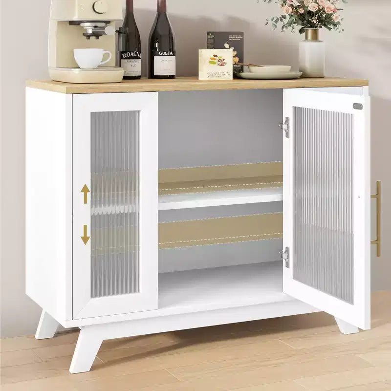 36 Modern Coffee Bar Cabinet - Buffet Sideboard with Fluted Glass Doors & Adjustable Shelves