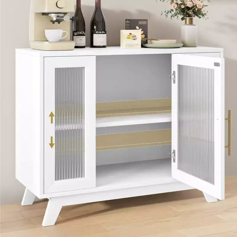 36 Modern Coffee Bar Cabinet - Buffet Sideboard with Fluted Glass Doors & Adjustable Shelves