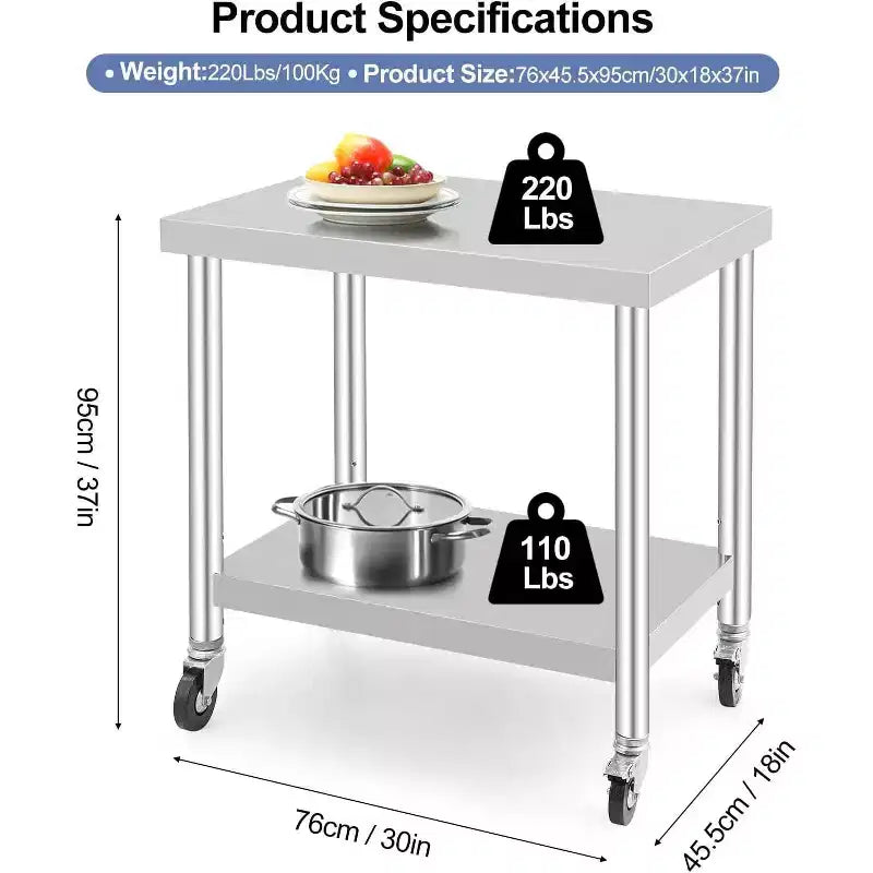 Acekool 30 Mobile Prep Table  Stainless Steel Workstation with Locking Wheels & Adjustable Shelf for Kitchen & Commercial Use