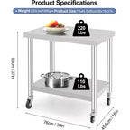 Acekool 30 Mobile Prep Table  Stainless Steel Workstation with Locking Wheels & Adjustable Shelf for Kitchen & Commercial Use
