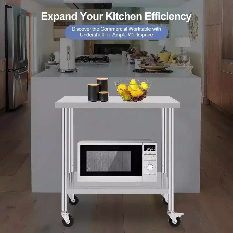 Acekool 30 Mobile Prep Table  Stainless Steel Workstation with Locking Wheels & Adjustable Shelf for Kitchen & Commercial Use