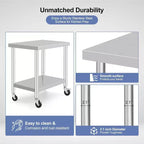 Acekool 30 Mobile Prep Table  Stainless Steel Workstation with Locking Wheels & Adjustable Shelf for Kitchen & Commercial Use