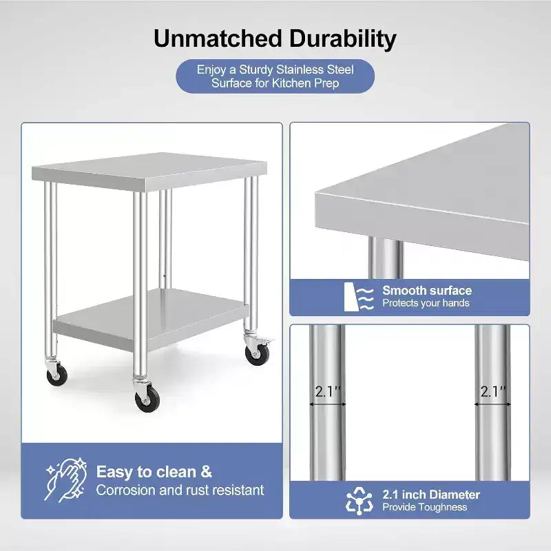 Acekool 30 Mobile Prep Table  Stainless Steel Workstation with Locking Wheels & Adjustable Shelf for Kitchen & Commercial Use
