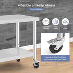 Acekool 30 Mobile Prep Table  Stainless Steel Workstation with Locking Wheels & Adjustable Shelf for Kitchen & Commercial Use