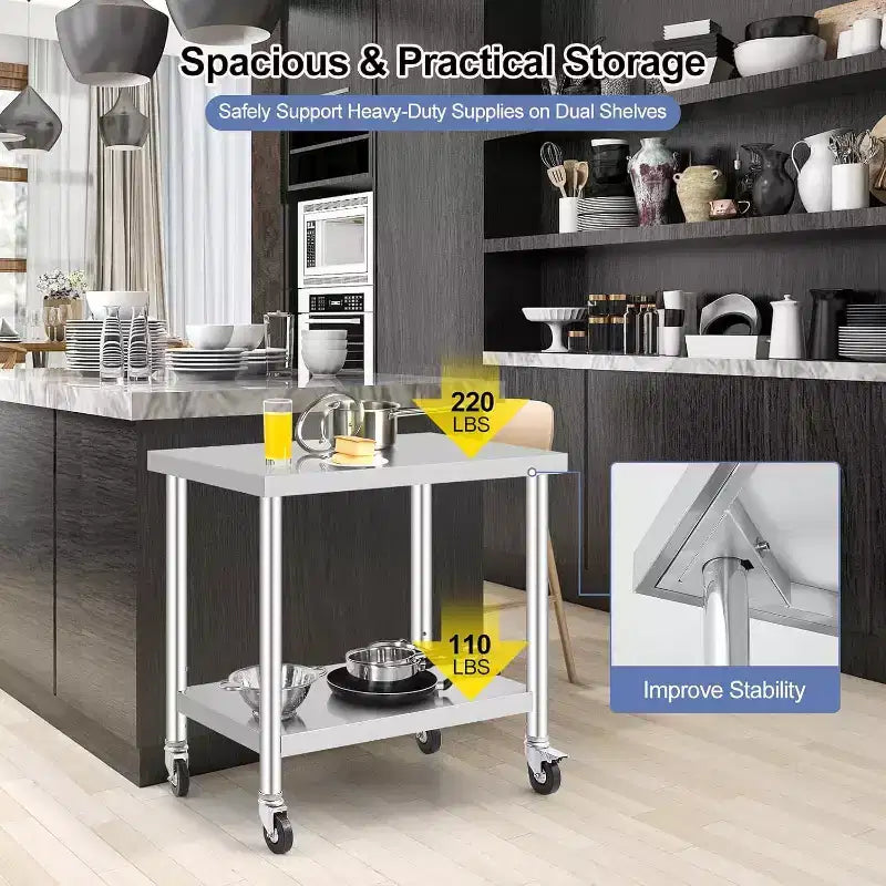 Acekool 30 Mobile Prep Table  Stainless Steel Workstation with Locking Wheels & Adjustable Shelf for Kitchen & Commercial Use