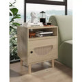 Rattan End Table with Rattan Decor Door, Charging Station Small End Table Shelf and Drawer Wooden Bedside Table, for Bedroom, Living Room