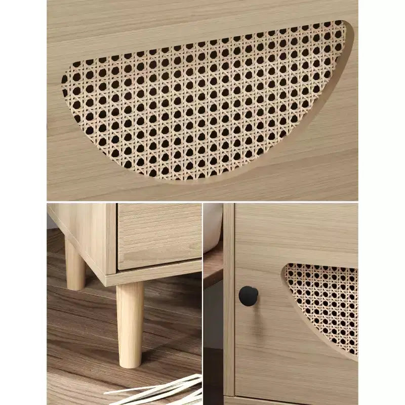 Table d'appoint en rotin avec porte décorative en rotin, petite table d'appoint avec station de charge, étagère et tiroir en bois, pour chambre à coucher, salon