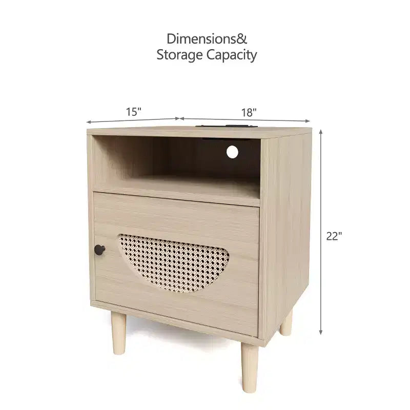 Table d'appoint en rotin avec porte décorative en rotin, petite table d'appoint avec station de charge, étagère et tiroir en bois, pour chambre à coucher, salon
