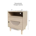 Table d'appoint en rotin avec porte décorative en rotin, petite table d'appoint avec station de charge, étagère et tiroir en bois, pour chambre à coucher, salon