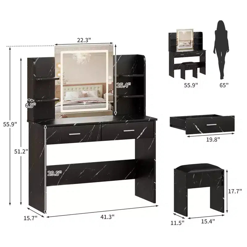 Vanity Desk with Lights Tri-Mode LED Lighted Mirror & Charging Station Makeup Vanity Set with 6 Shelves, 2 Drawers and Soft Cushion Stool