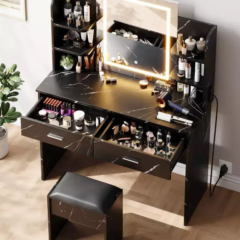Vanity Desk with Lights Tri-Mode LED Lighted Mirror & Charging Station Makeup Vanity Set with 6 Shelves, 2 Drawers and Soft Cushion Stool