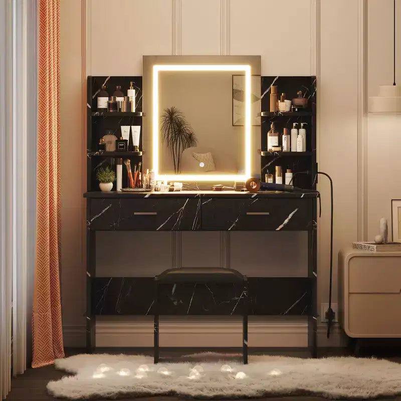 Vanity Desk with Lights Tri-Mode LED Lighted Mirror & Charging Station Makeup Vanity Set with 6 Shelves, 2 Drawers and Soft Cushion Stool