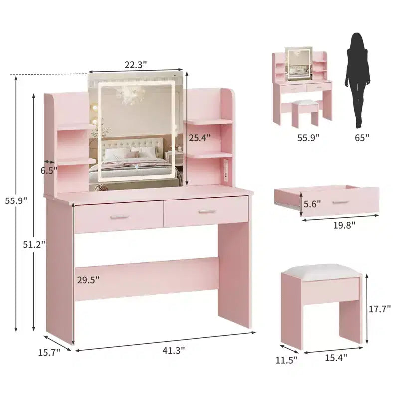 Vanity Desk with Lights Tri-Mode LED Lighted Mirror & Charging Station Makeup Vanity Set with 6 Shelves, 2 Drawers and Soft Cushion Stool