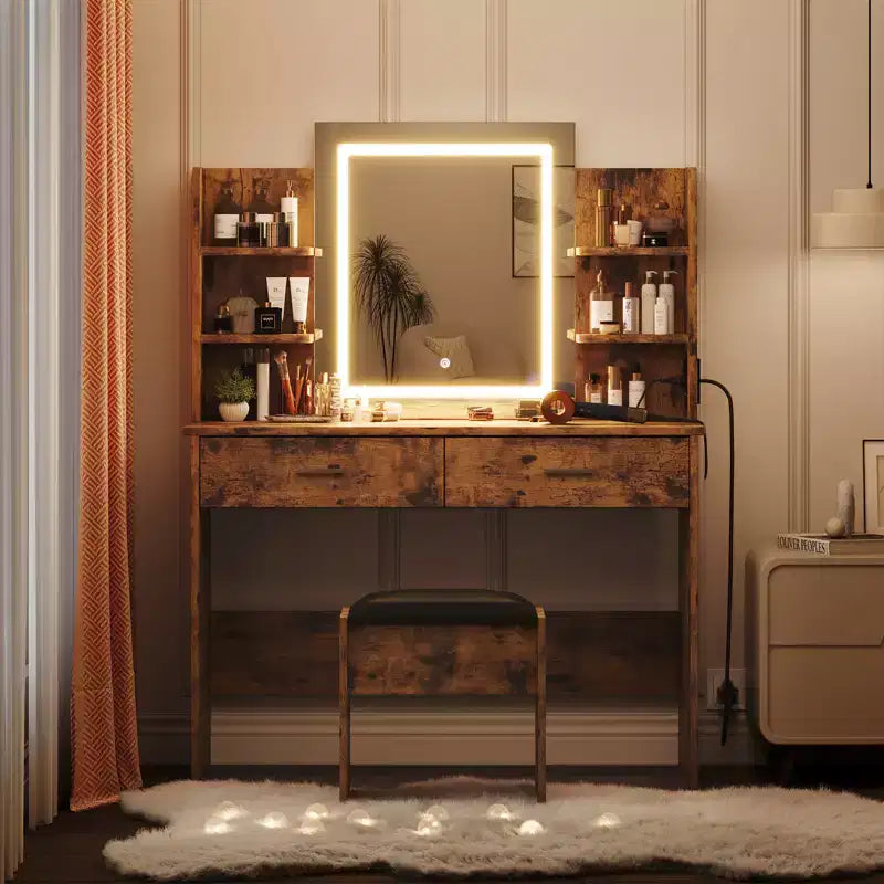 Vanity Desk with Lights Tri-Mode LED Lighted Mirror & Charging Station Makeup Vanity Set with 6 Shelves, 2 Drawers and Soft Cushion Stool