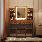 Vanity Desk with Lights Tri-Mode LED Lighted Mirror & Charging Station Makeup Vanity Set with 6 Shelves, 2 Drawers and Soft Cushion Stool