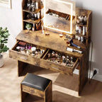 Vanity Desk with Lights Tri-Mode LED Lighted Mirror & Charging Station Makeup Vanity Set with 6 Shelves, 2 Drawers and Soft Cushion Stool