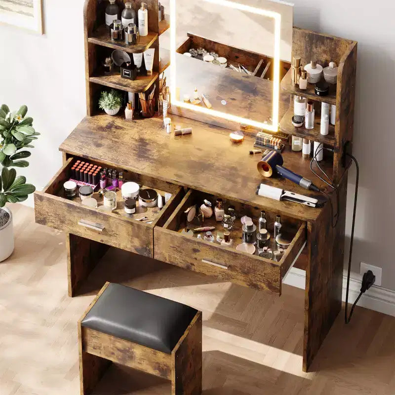 Vanity Desk with Lights Tri-Mode LED Lighted Mirror & Charging Station Makeup Vanity Set with 6 Shelves, 2 Drawers and Soft Cushion Stool