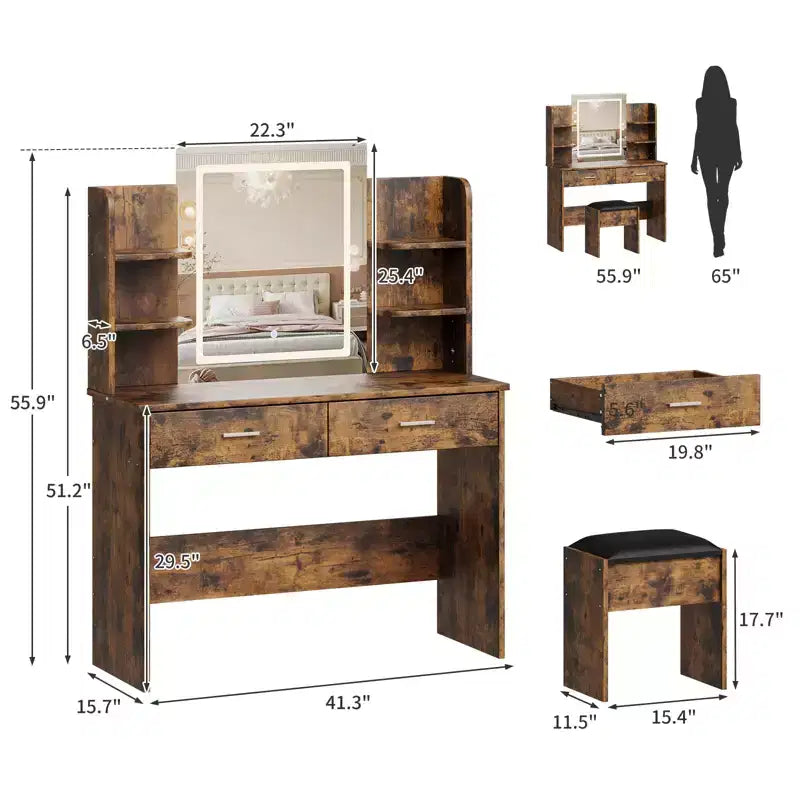 Vanity Desk with Lights Tri-Mode LED Lighted Mirror & Charging Station Makeup Vanity Set with 6 Shelves, 2 Drawers and Soft Cushion Stool