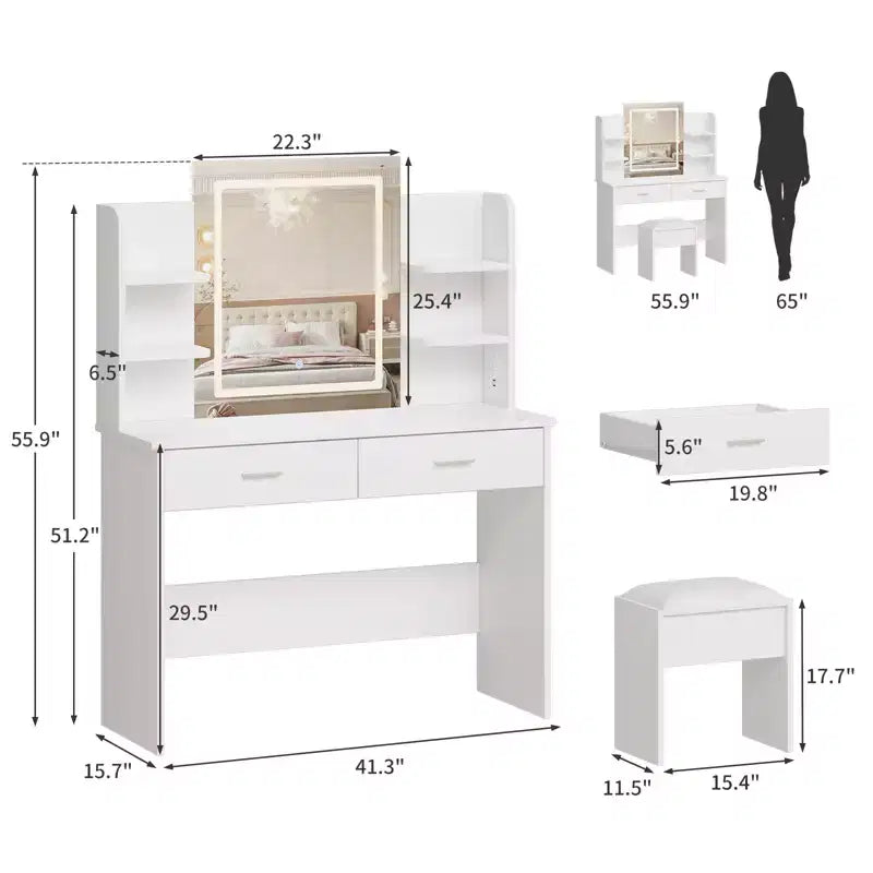 Vanity Desk with Lights Tri-Mode LED Lighted Mirror & Charging Station Makeup Vanity Set with 6 Shelves, 2 Drawers and Soft Cushion Stool