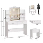 Vanity Desk with Lights Tri-Mode LED Lighted Mirror & Charging Station Makeup Vanity Set with 6 Shelves, 2 Drawers and Soft Cushion Stool