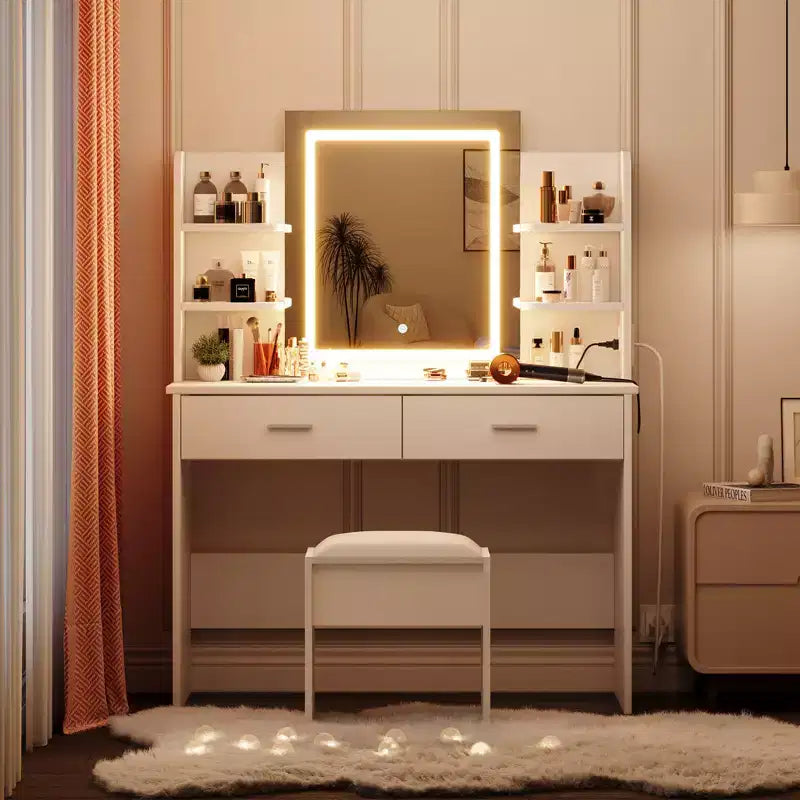Vanity Desk with Lights Tri-Mode LED Lighted Mirror & Charging Station Makeup Vanity Set with 6 Shelves, 2 Drawers and Soft Cushion Stool