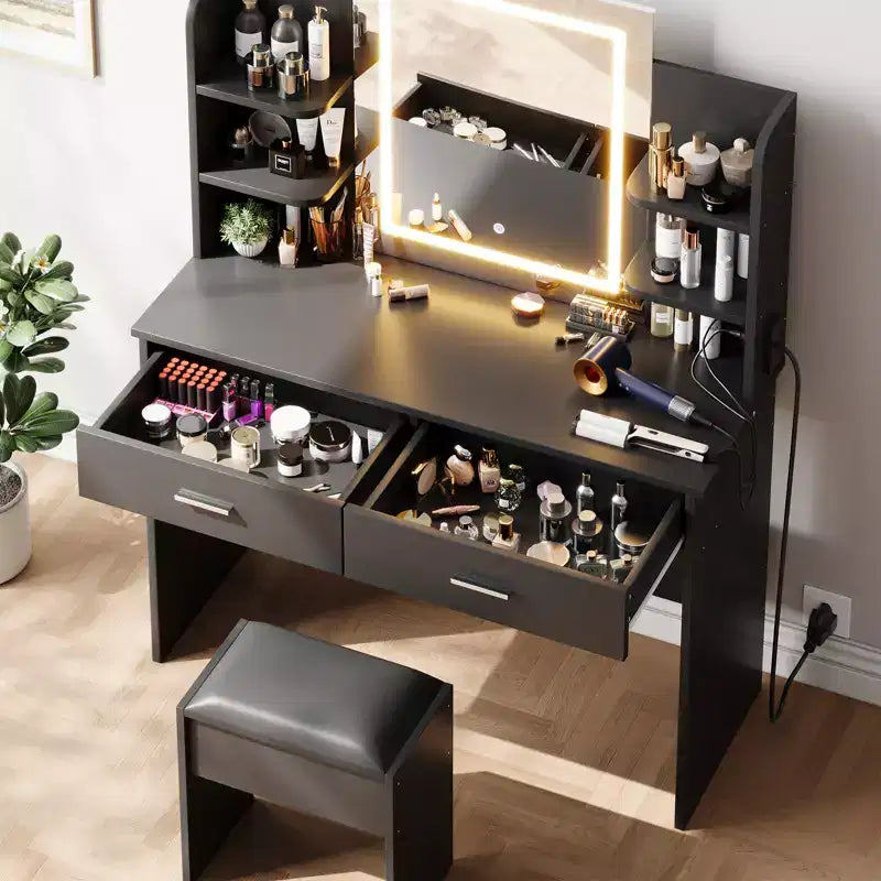 Vanity Desk with Lights Tri-Mode LED Lighted Mirror & Charging Station Makeup Vanity Set with 6 Shelves, 2 Drawers and Soft Cushion Stool