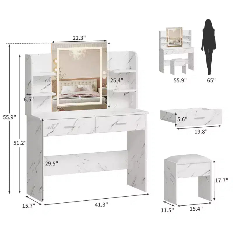 Vanity Desk with Lights Tri-Mode LED Lighted Mirror & Charging Station Makeup Vanity Set with 6 Shelves, 2 Drawers and Soft Cushion Stool
