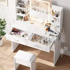 Vanity Desk with Lights Tri-Mode LED Lighted Mirror & Charging Station Makeup Vanity Set with 6 Shelves, 2 Drawers and Soft Cushion Stool