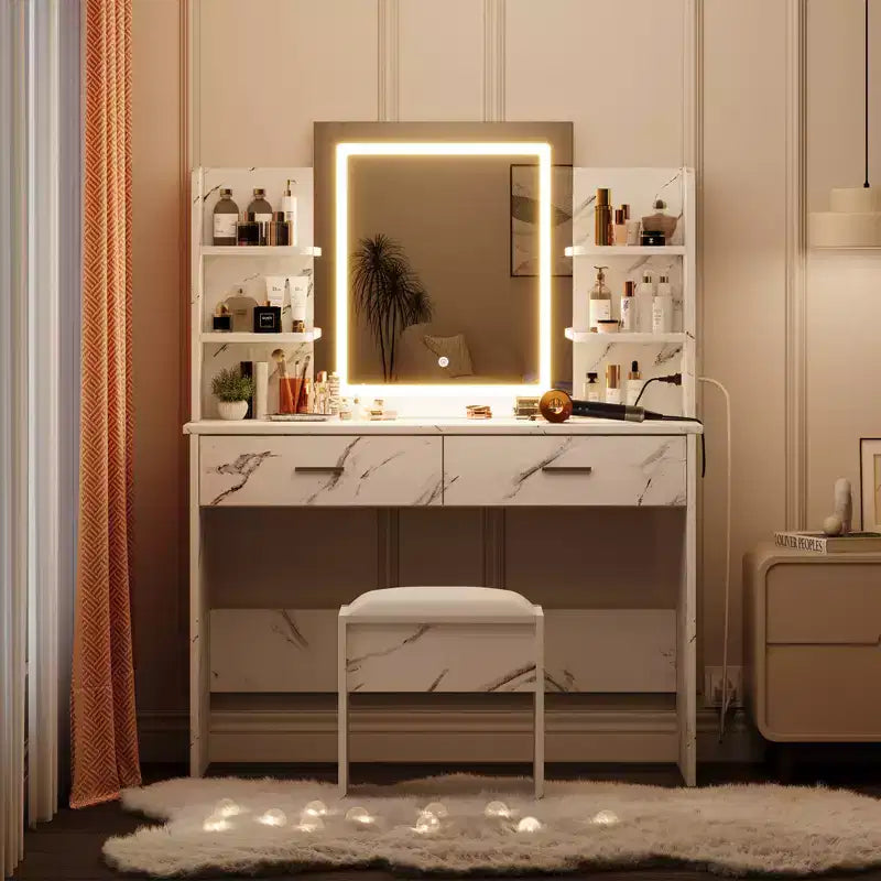Vanity Desk with Lights Tri-Mode LED Lighted Mirror & Charging Station Makeup Vanity Set with 6 Shelves, 2 Drawers and Soft Cushion Stool