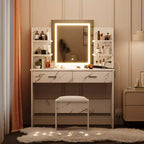 Vanity Desk with Lights Tri-Mode LED Lighted Mirror & Charging Station Makeup Vanity Set with 6 Shelves, 2 Drawers and Soft Cushion Stool