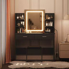 Vanity Desk with Lights Tri-Mode LED Lighted Mirror & Charging Station Makeup Vanity Set with 6 Shelves, 2 Drawers and Soft Cushion Stool