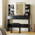 Vanity Desk with Lights Tri-Mode LED Lighted Mirror & Charging Station Makeup Vanity Set with 6 Shelves, 2 Drawers and Soft Cushion Stool