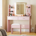 Vanity Desk with Lights Tri-Mode LED Lighted Mirror & Charging Station Makeup Vanity Set with 6 Shelves, 2 Drawers and Soft Cushion Stool