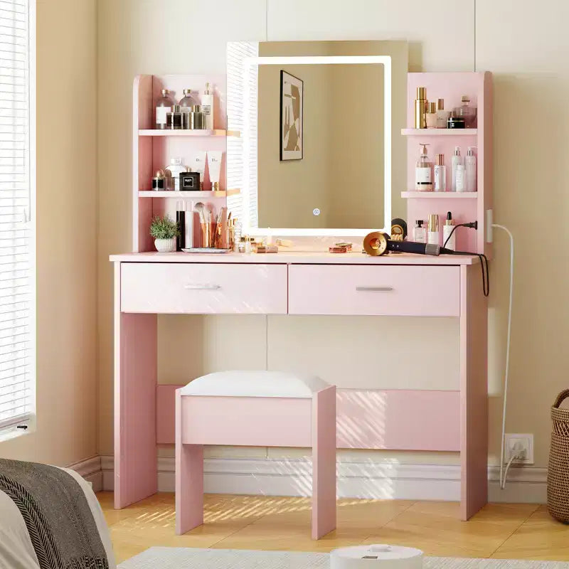 Vanity Desk with Lights Tri-Mode LED Lighted Mirror & Charging Station Makeup Vanity Set with 6 Shelves, 2 Drawers and Soft Cushion Stool