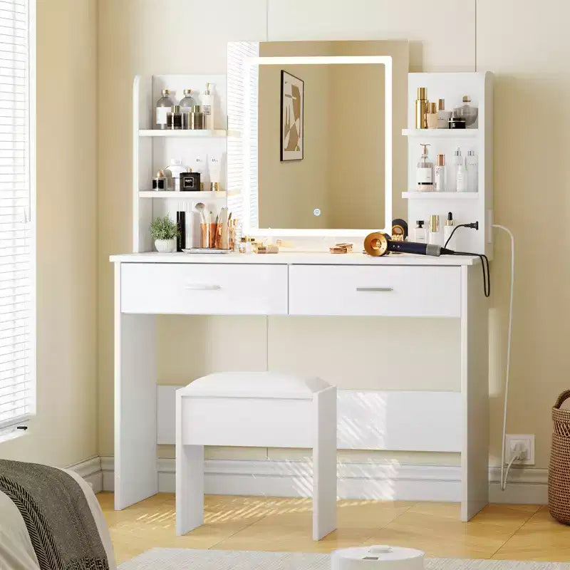 Vanity Desk with Lights Tri-Mode LED Lighted Mirror & Charging Station Makeup Vanity Set with 6 Shelves, 2 Drawers and Soft Cushion Stool