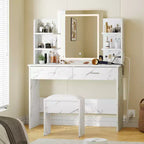 Vanity Desk with Lights Tri-Mode LED Lighted Mirror & Charging Station Makeup Vanity Set with 6 Shelves, 2 Drawers and Soft Cushion Stool