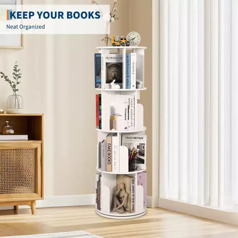 Étagère à livres rotative haute de 132 cm à 4 niveaux, organisateur de rangement en bois pivotant à 360° pour chambre, bibliothèque d'angle, pour bureau à domicile, salon et petits espaces
